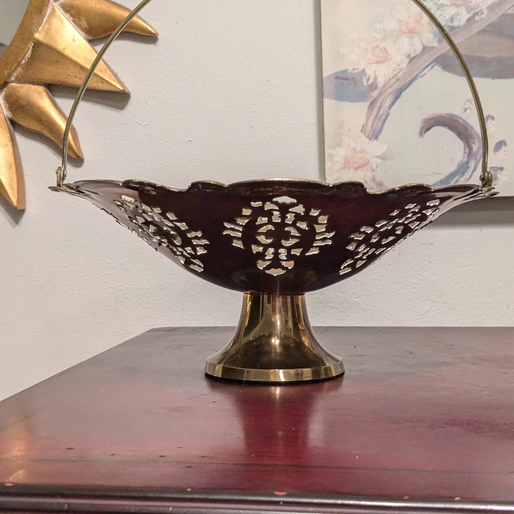 Vintage Brass Decorative Bowl Basket With Handle Victorian Pedestal